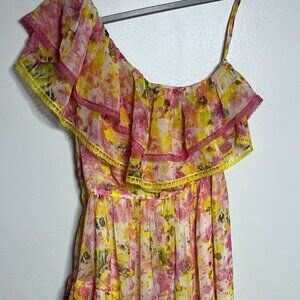 ROCOCO SAND Georgette One Shoulder Ruffled Dress In Yellow - Medium.  NWT